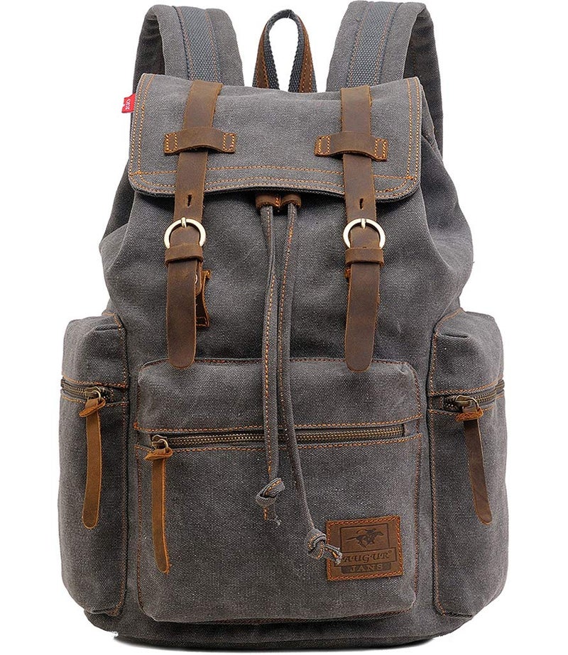 HuaChen حقيبة ظهر قماش عتيقة من هوا تشين مع تفاصيل جلدية، حقيبة سفر غير رسمية للرجال والنساء، حقيبة مدرسية وكليات للمشي والتخييم M32-رمادي - Image 1